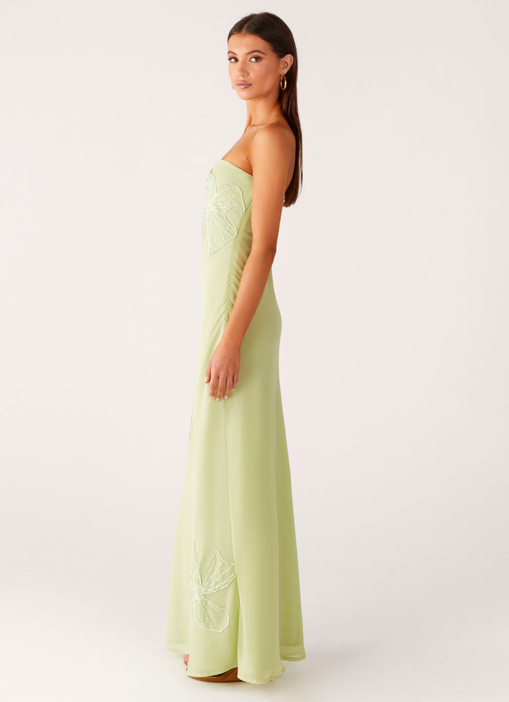 Peppermayo Peppermayo Exclusive - Sassafras Beaded Flower Strapless Maxi Dress - Lime