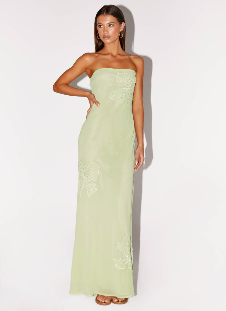 Peppermayo Peppermayo Exclusive - Sassafras Beaded Flower Strapless Maxi Dress - Lime