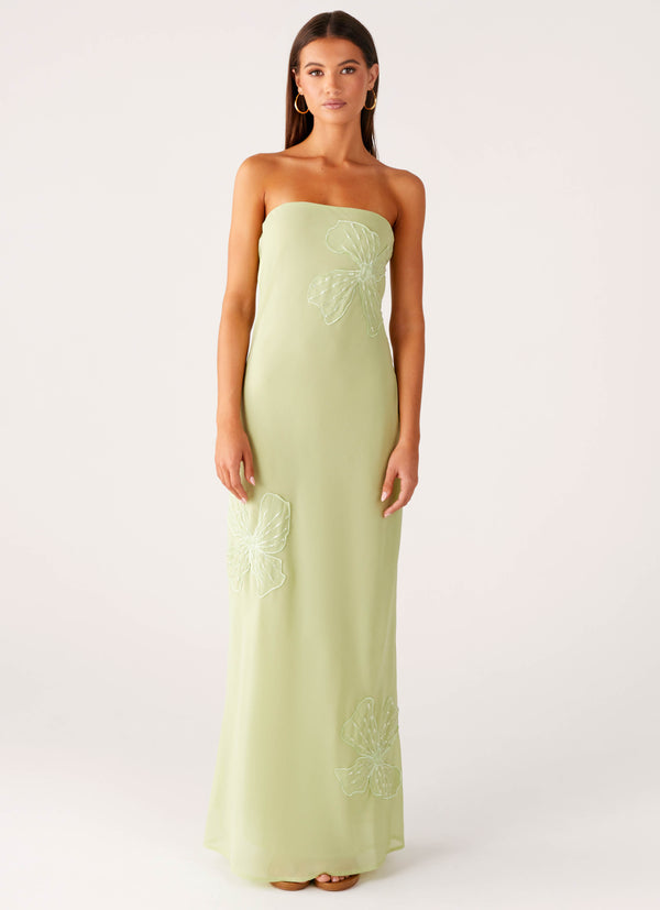 peppermayo Peppermayo Exclusive - Sassafras Beaded Flower Strapless Maxi Dress - Lime