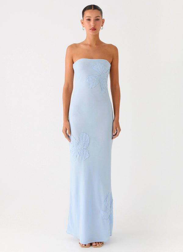 peppermayo Peppermayo Exclusive - Sassafras Beaded Flower Strapless Maxi Dress - Blue