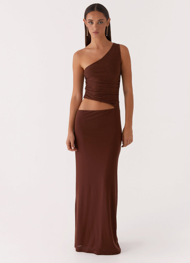 Peppermayo Peppermayo Exclusive - Seranella Sequin One Shoulder Maxi Dress - Chocolate