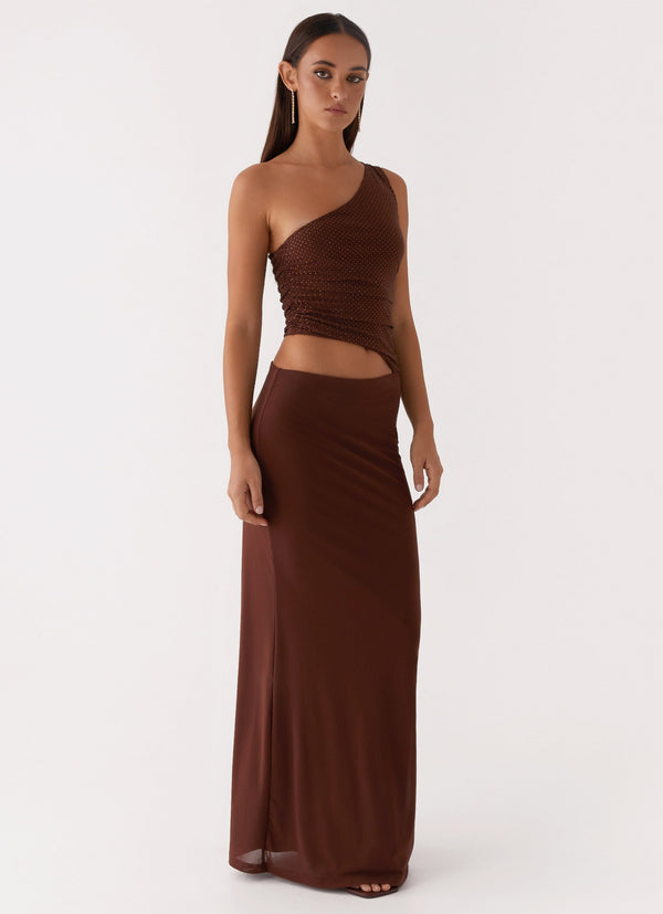 peppermayo Peppermayo Exclusive - Seranella Sequin One Shoulder Maxi Dress - Chocolate