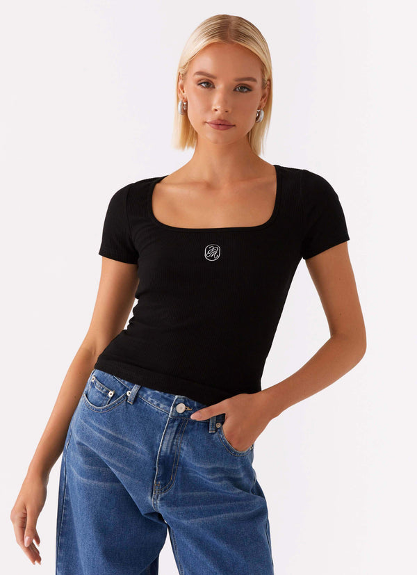 peppermayo Peppermayo Exclusive - Signature Monogram Square Neck Top - Black