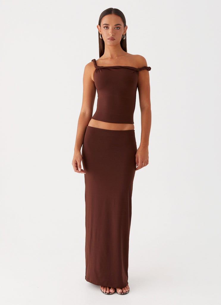 Peppermayo Peppermayo Exclusive - Solace Soul Twist Shoulder Top - Chocolate
