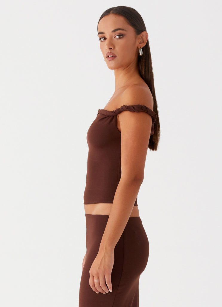 Peppermayo Peppermayo Exclusive - Solace Soul Twist Shoulder Top - Chocolate