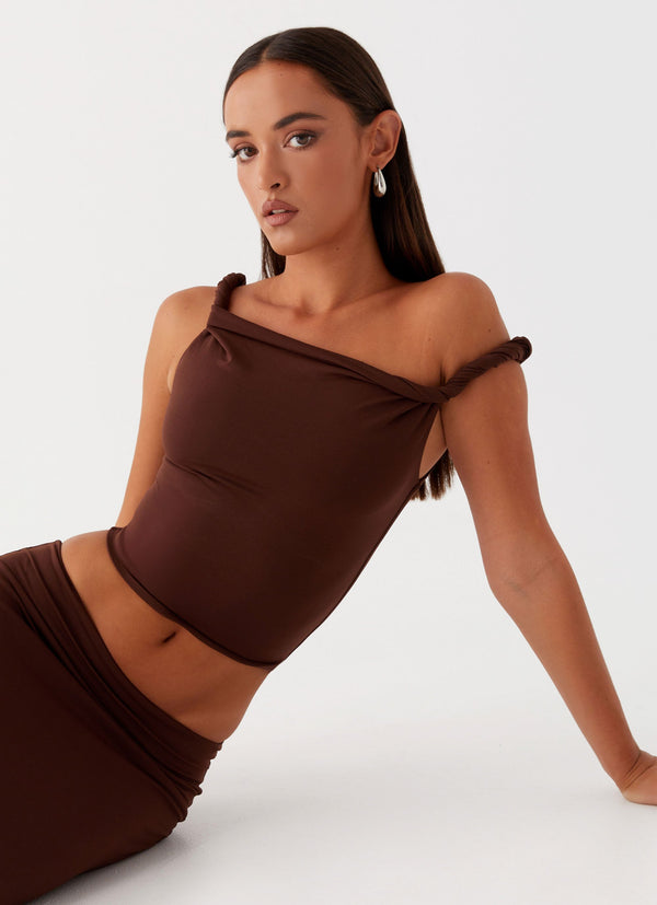peppermayo Peppermayo Exclusive - Solace Soul Twist Shoulder Top - Chocolate