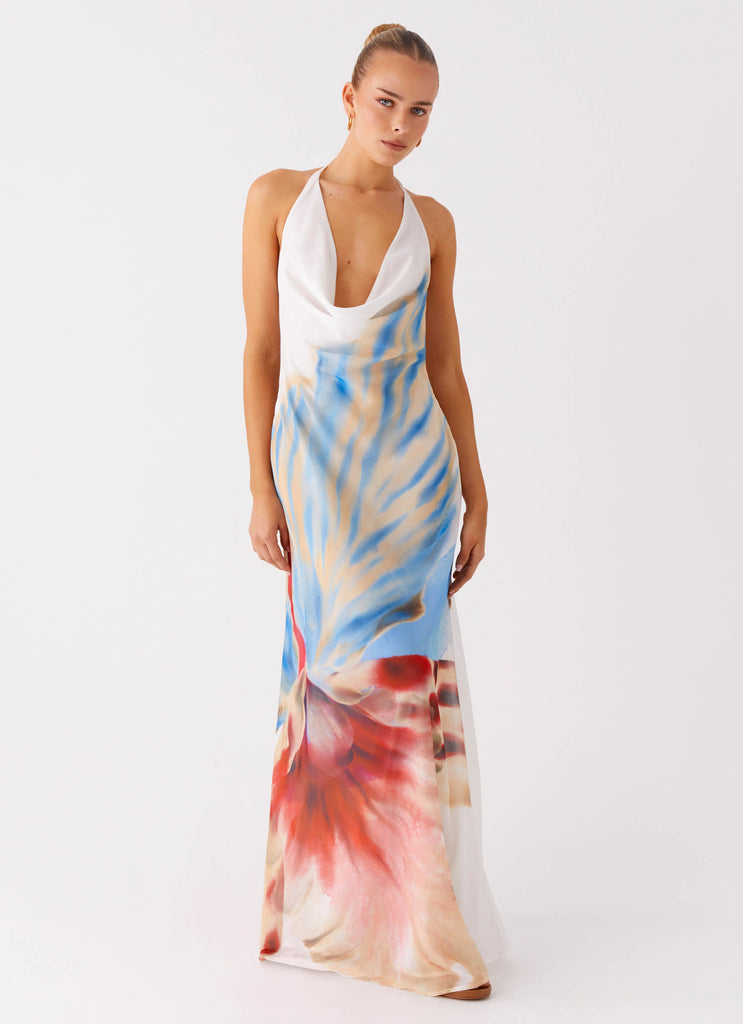 Peppermayo Peppermayo Exclusive - Stars Align Cowl Maxi Dress - White Sea Bloom