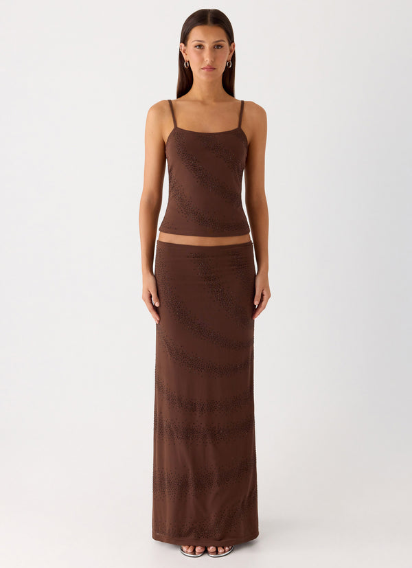 peppermayo Peppermayo Exclusive - Sweet Sky Beaded Maxi Skirt - Chocolate