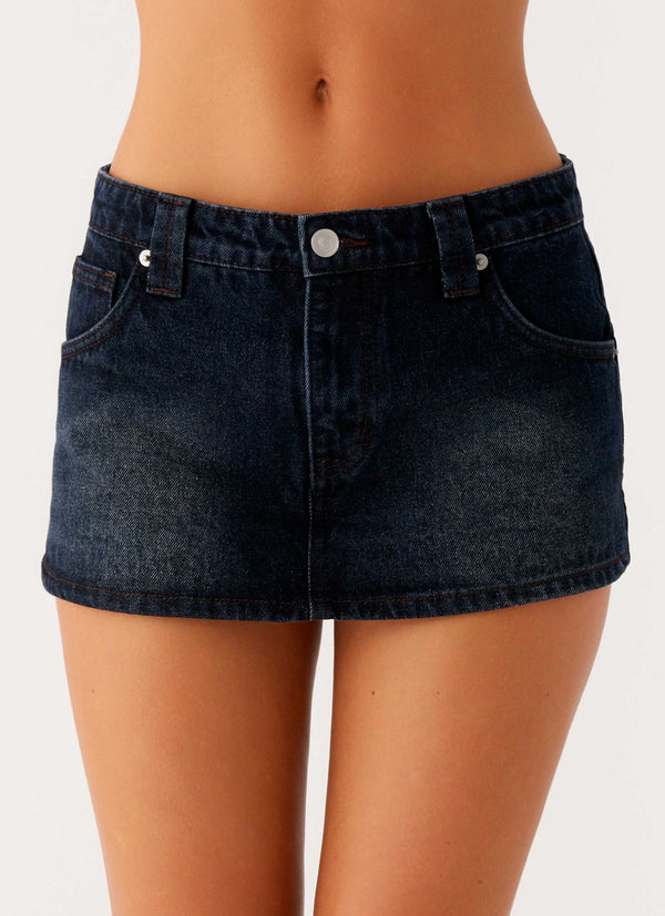 peppermayo Peppermayo Exclusive - Tropics Low Rise Denim Mini Skort - Washed Dark Blue