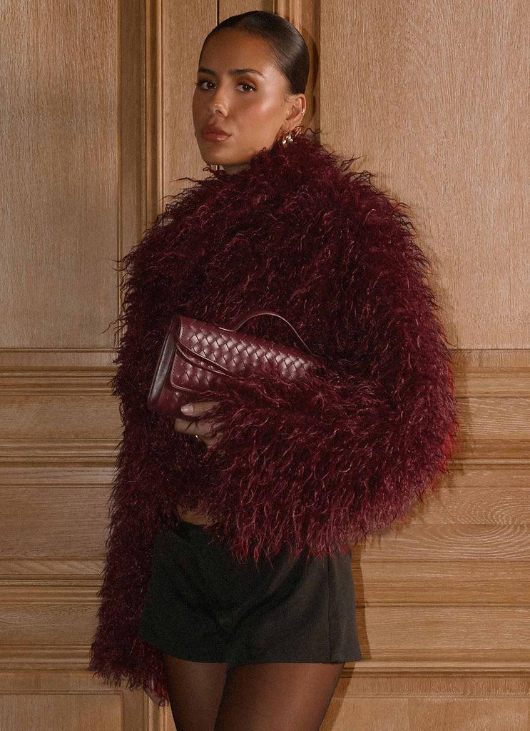 Peppermayo Peppermayo Exclusive - Virginia Cropped Faux Fur Jacket - Maroon