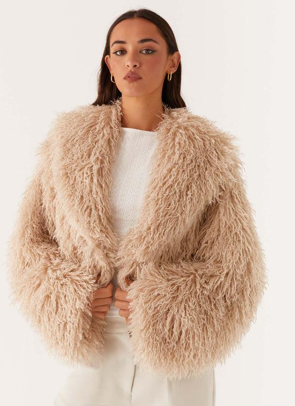 peppermayo Peppermayo Exclusive - Virginia Cropped Faux Fur Jacket - Taupe