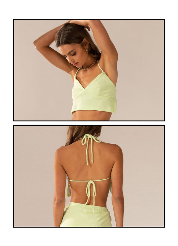 peppermayo Peppermayo Exclusive - Warmer Water Terry Halter Crop - Lime Green