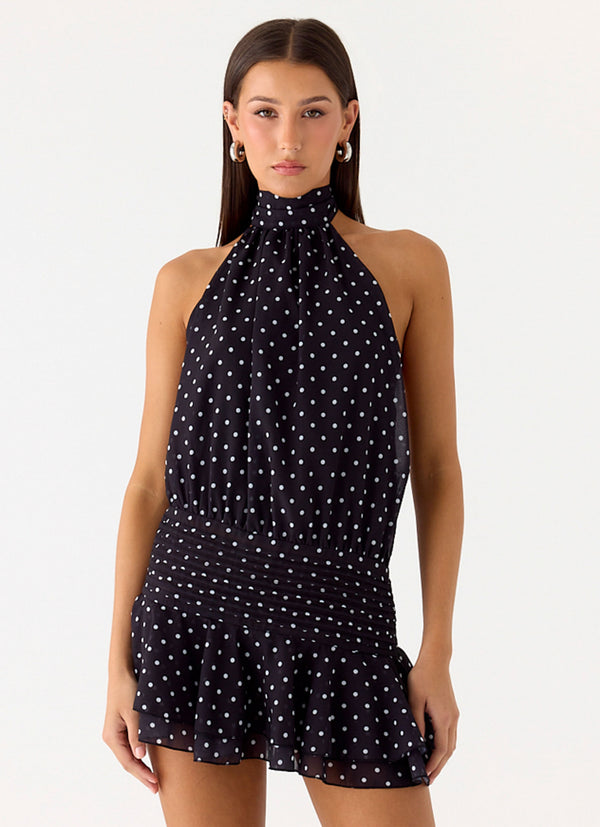 peppermayo Peppermayo Exclusive - Willow Chiffon Mini Dress - Black Polkadot