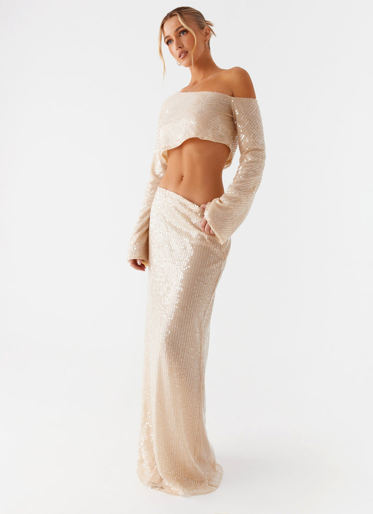 Peppermayo Peppermayo Exclusive - Wisteria Low Rise Sequin Maxi Skirt - Champagne