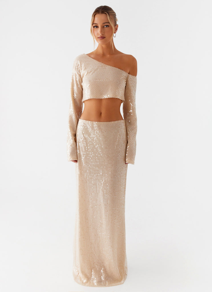 Peppermayo Peppermayo Exclusive - Wisteria Low Rise Sequin Maxi Skirt - Champagne
