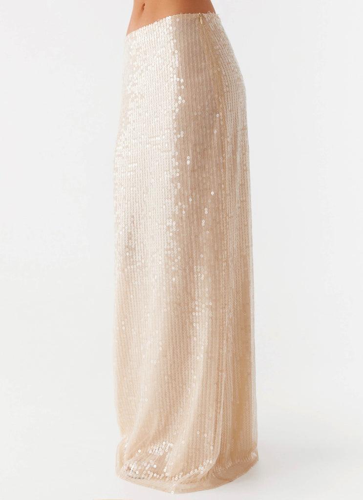 Peppermayo Peppermayo Exclusive - Wisteria Low Rise Sequin Maxi Skirt - Champagne