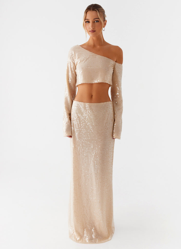 Peppermayo Peppermayo Exclusive - Wisteria Off Shoulder Long Sleeve Sequin Top - Champagne