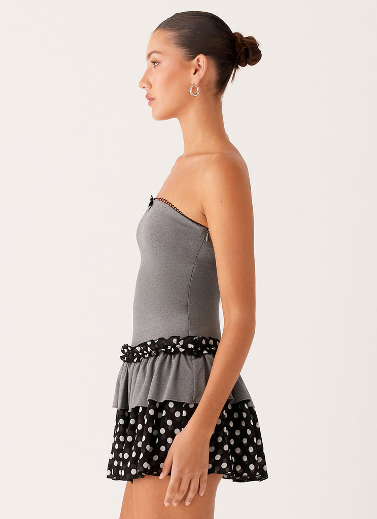 Peppermayo Peppermayo Exclusive - Yerin Strapless Frill Mini Dress - Grey Polkadot