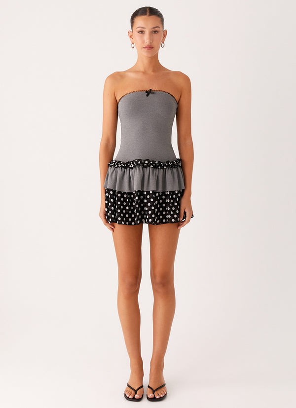 peppermayo Peppermayo Exclusive - Yerin Strapless Frill Mini Dress - Grey Polkadot