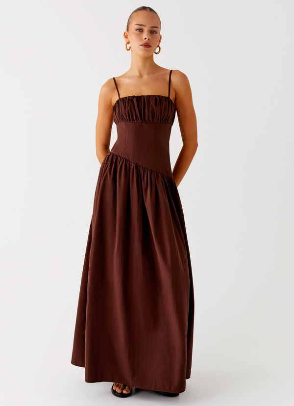 peppermayo Peppermayo Exclusive - Yuna Drop Waist Maxi Dress - Chocolate