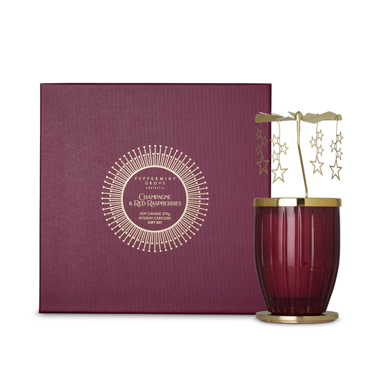 peppermint grove Champagne & Red Raspberries Candle & Carousel Gift Set