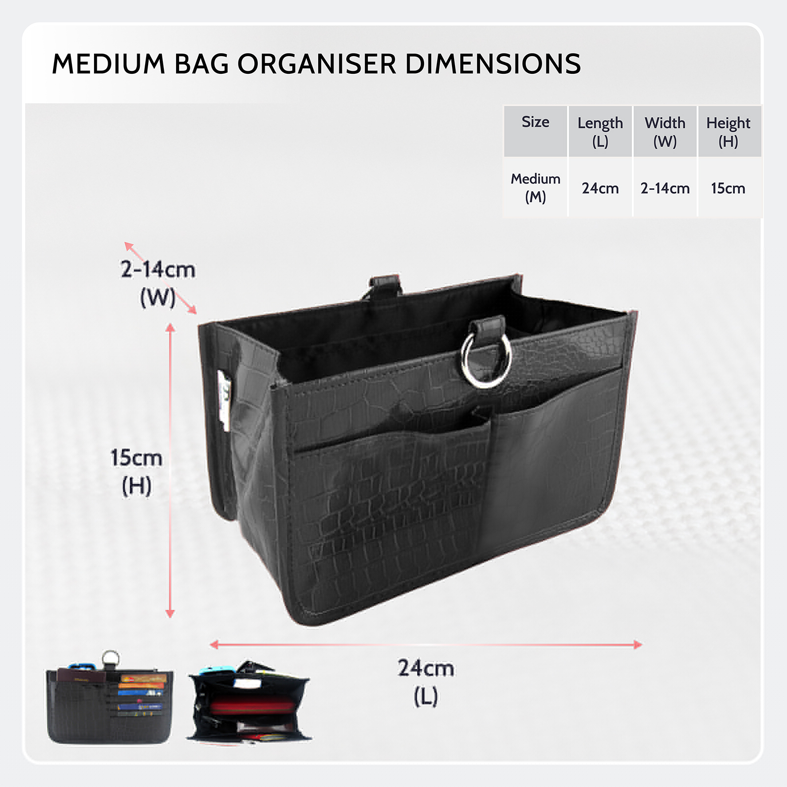 Periea Periea ‘Claire’ Luxury Crocodile Effect Faux Leather Handbag Organiser Insert- Ideal For Most Medium Sized Handbags– 10 Pockets & 5 Double Card Slots