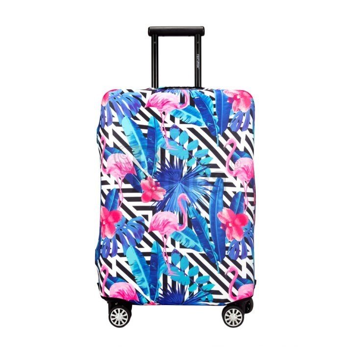 Periea Periea Elasticated Protective Suitcase Cover – Small Medium Or Large – ‘Black And White Stripes With Flamingos’