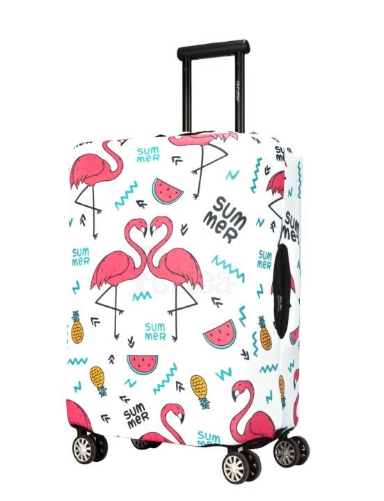 Periea Periea Elasticated Protective Suitcase Cover – Small Medium Or Large – ‘White With Summer Flamingos’