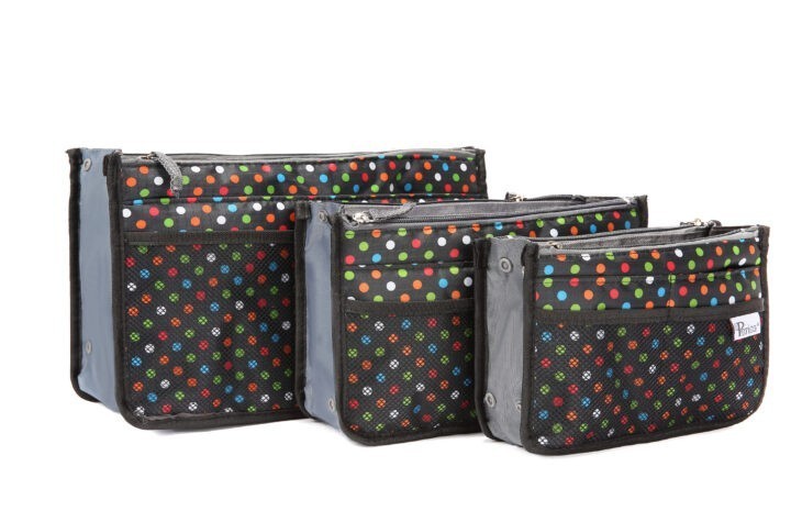Periea Periea Handbag Organiser – Chelsy – Black With Multi-coloured Polka-dots – Small Medium Or Large