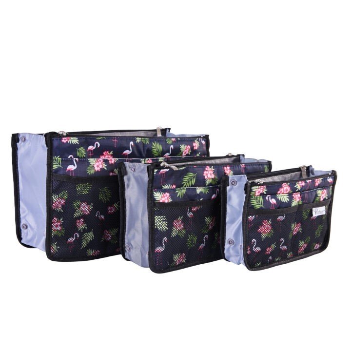 Periea Periea Handbag Organiser – Chelsy – Blue With Flamingos – Small Medium Or Large