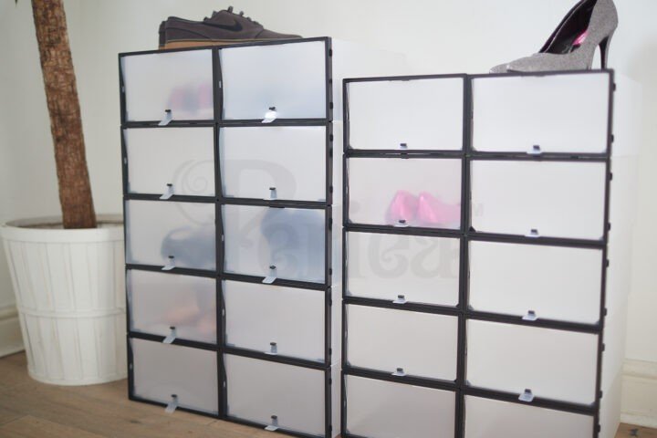 Periea Periea ‘Leah’ Strong Plastic Shoe Storage Boxes With Front Flap – Pack Of 10 – Ideal For Men’s Shoes – Black Or Grey Frames