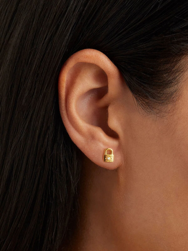 Perlu 18k Gold Vermeil Crystal Lotus Padlock Stud Earrings