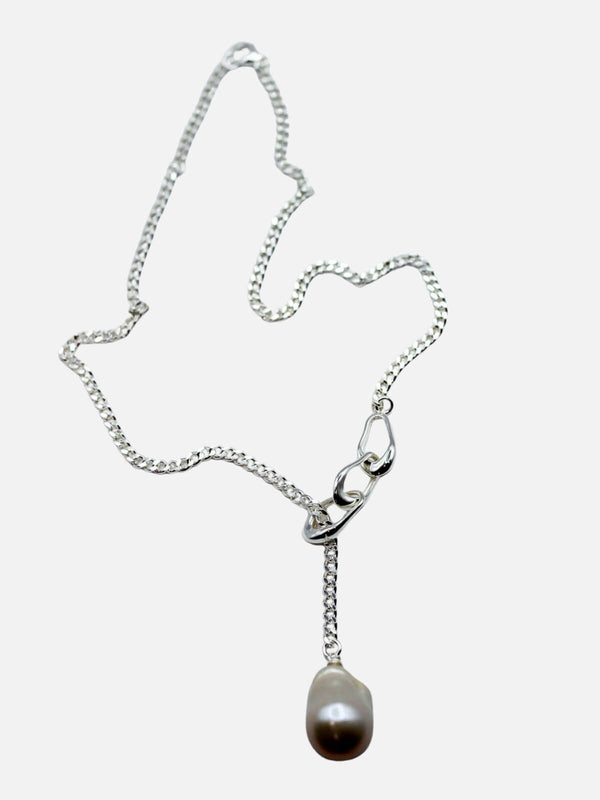 perlu Linked Pearl Lariat Necklace: Sterling Silver + Freshwater Pearl