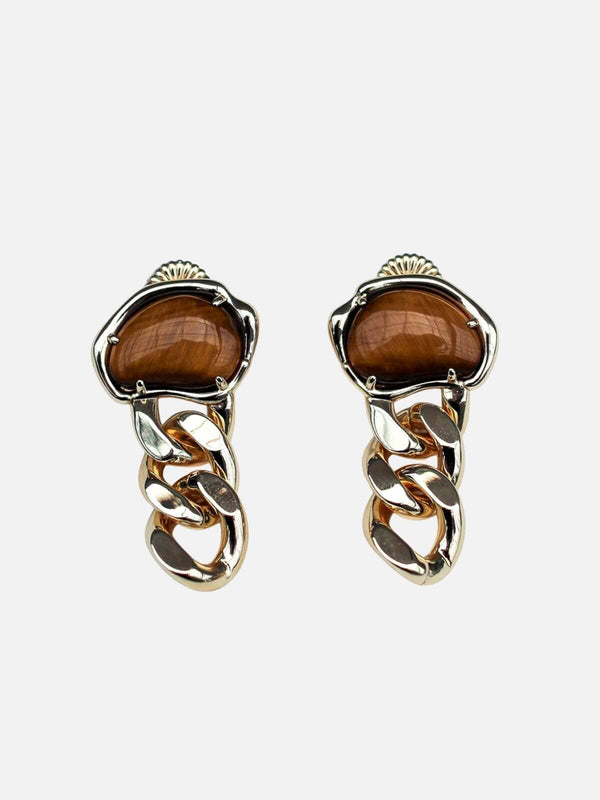 perlu Bean Statement Chain Earrings - Tiger's Eye