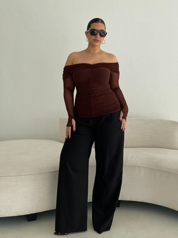 Perlu Christy Mesh Off Shoulder Top - Espresso