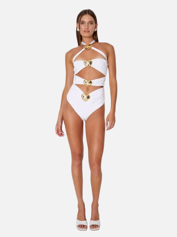 perlu Diamond Heart Cut Out Swimsuit - Pearl