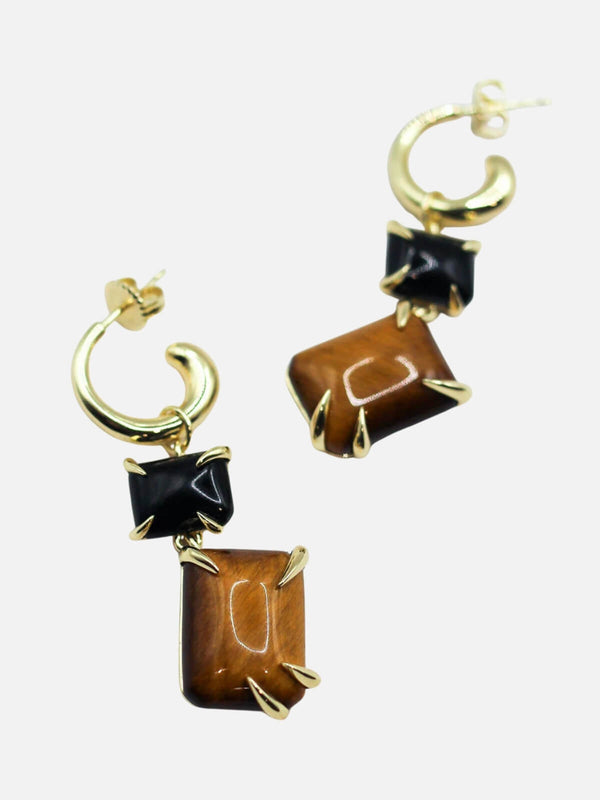 Perlu Double Drop Claw Earrings: Tiger's Eye + Onyx