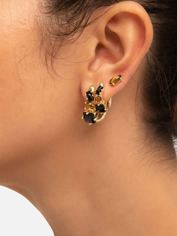 Perlu Fantasy Gemstone Huggies: Onyx + Tigers Eye