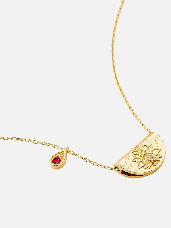 perlu Lotus Birthstone Necklace - July | Ruby - Gold