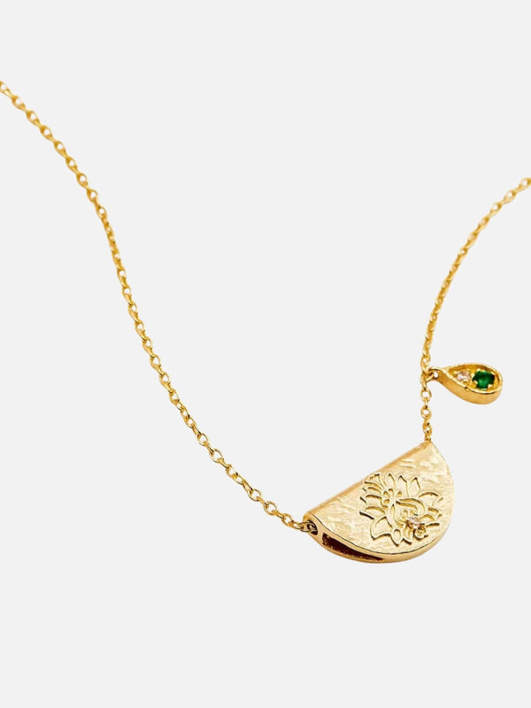 perlu Lotus Birthstone Necklace - May | Emerald - Gold
