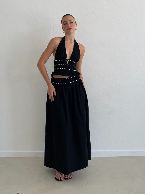 Perlu Tabby Studded Midi Skirt - Black