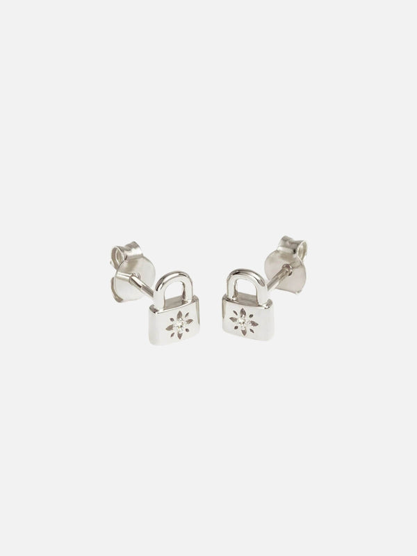 perlu Sterling Silver Crystal Lotus Padlock Stud Earrings