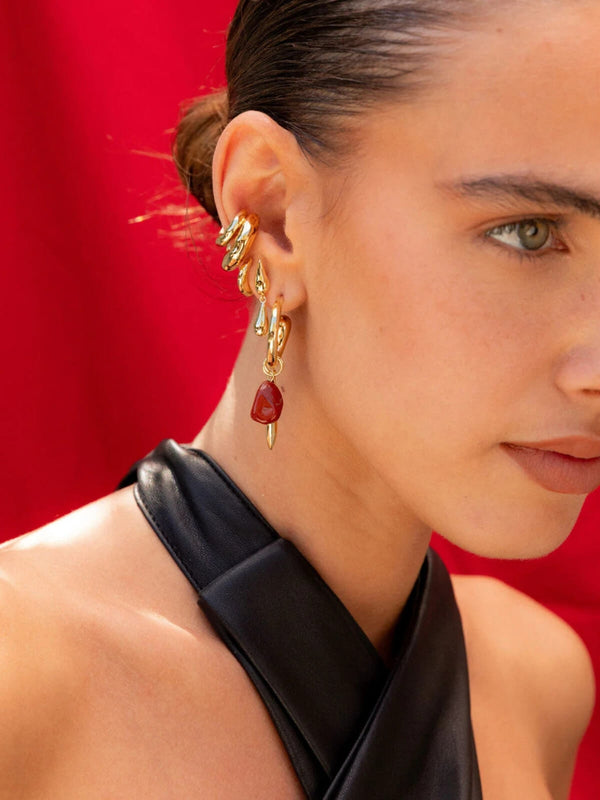 Perlu Swirl Statement Charm Earrings: Brass + 18k Gold Plating + Red Jasper