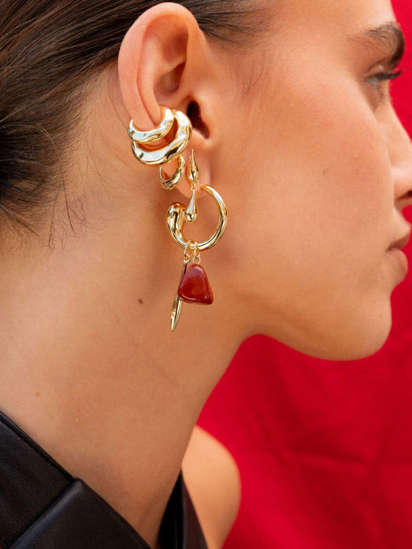 Perlu Swirl Statement Charm Earrings: Brass + 18k Gold Plating + Red Jasper