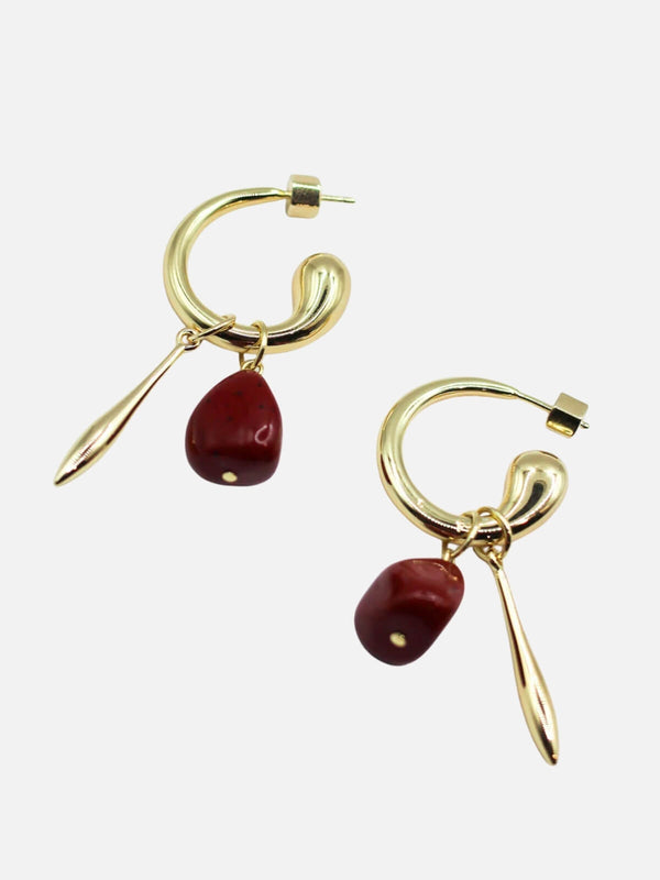 perlu Swirl Statement Charm Earrings: Brass + 18k Gold Plating + Red Jasper