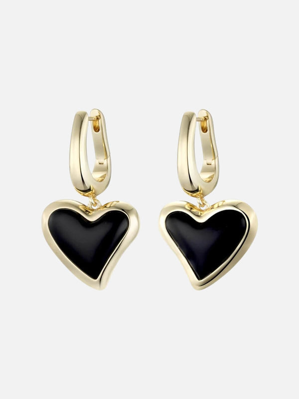 perlu Whitney Heart Charm Earrings: Brass + 18K Gold Plating + Onyx