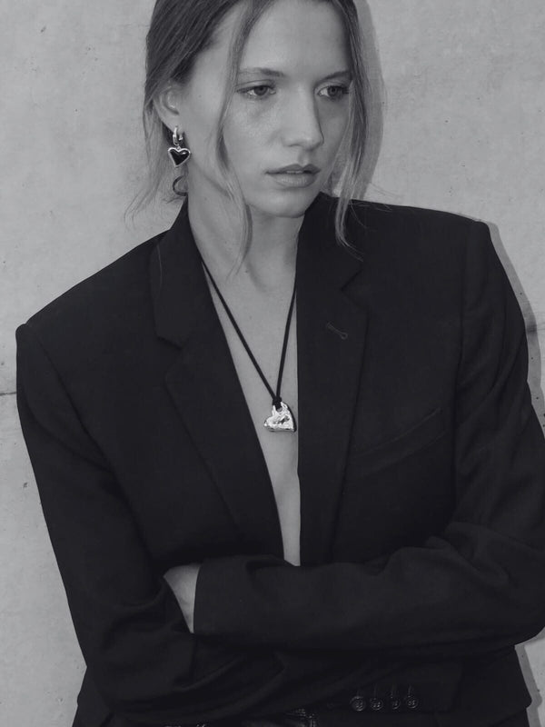 Perlu Whitney Heart Charm Earrings: Sterling Silver Plating + Onyx