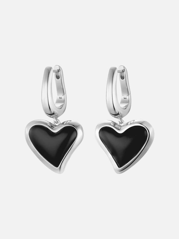 perlu Whitney Heart Charm Earrings: Sterling Silver Plating + Onyx