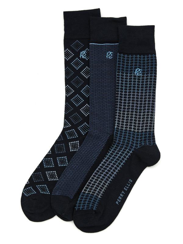 Perry Ellis 3-Pack Patterned Crew Socks Dark Sapphire