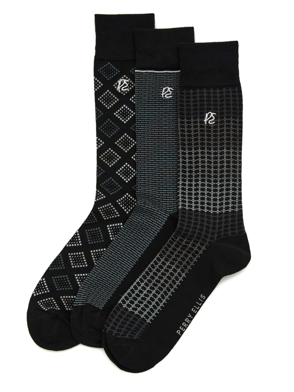 Perry Ellis 3-Pack Patterned Crew Socks Dark Sapphire